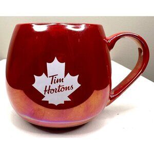 Tim Hortons 2020 Red & White Maple Leaf Barrel Shaped Coffee Mug Cup 12 Oz.